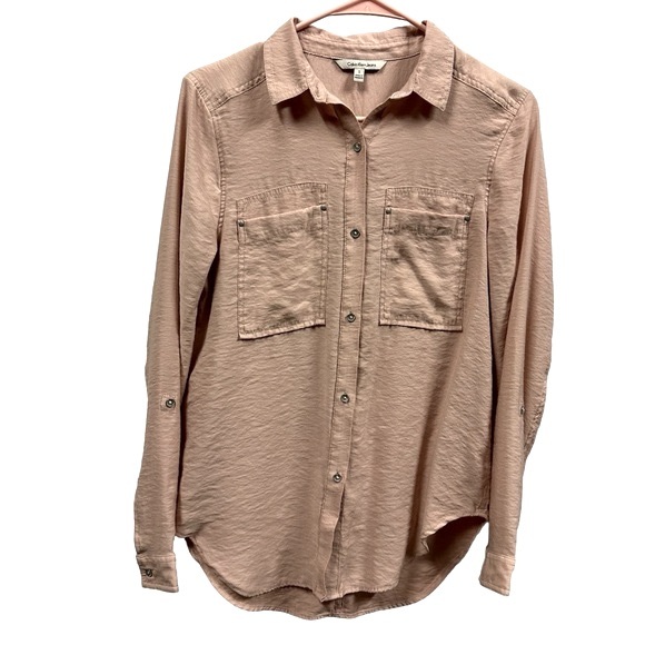 Calvin Klein Jeans Dusty Rose Button Down‎ Roll Tab Long Sleeve Blouse Womens S - Picture 2 of 11